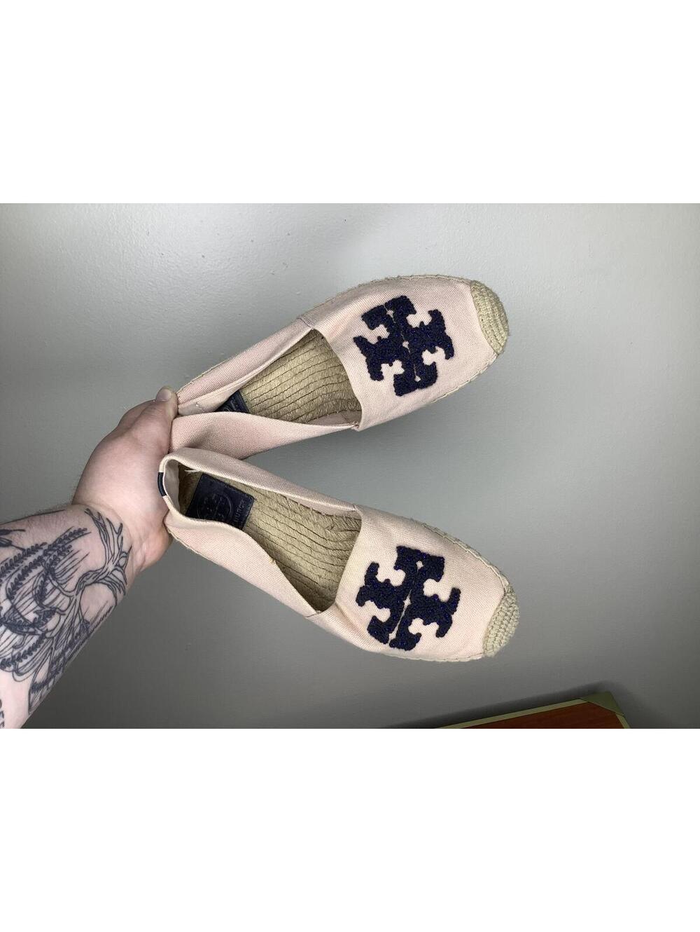 < Tory Burch Blush Pink Logo Canvas Espadrille Flats Size 7 > - Picture 2 of 6